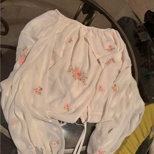 Jacqui E White and Pink Ruffled Tie Front Blouse